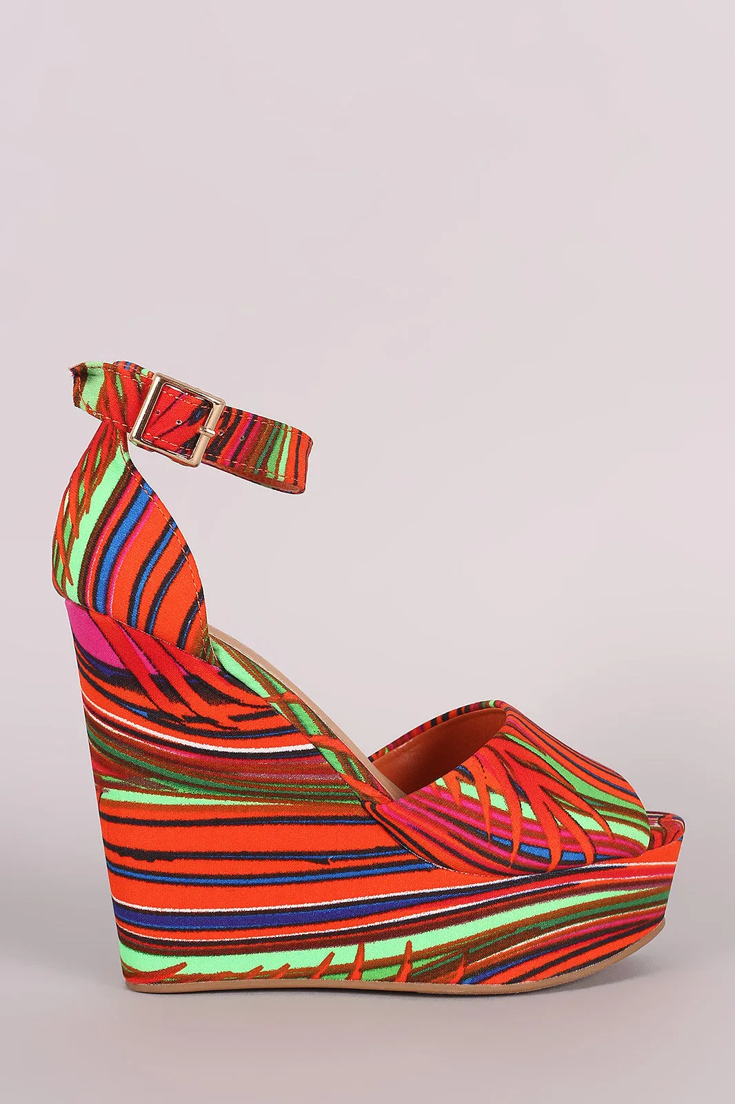 Bamboo Tropical Print Ankle Strap Platform Wedge