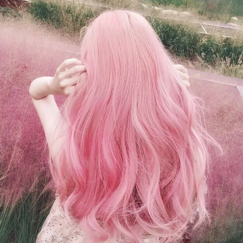 Pink long curly wig PL50693