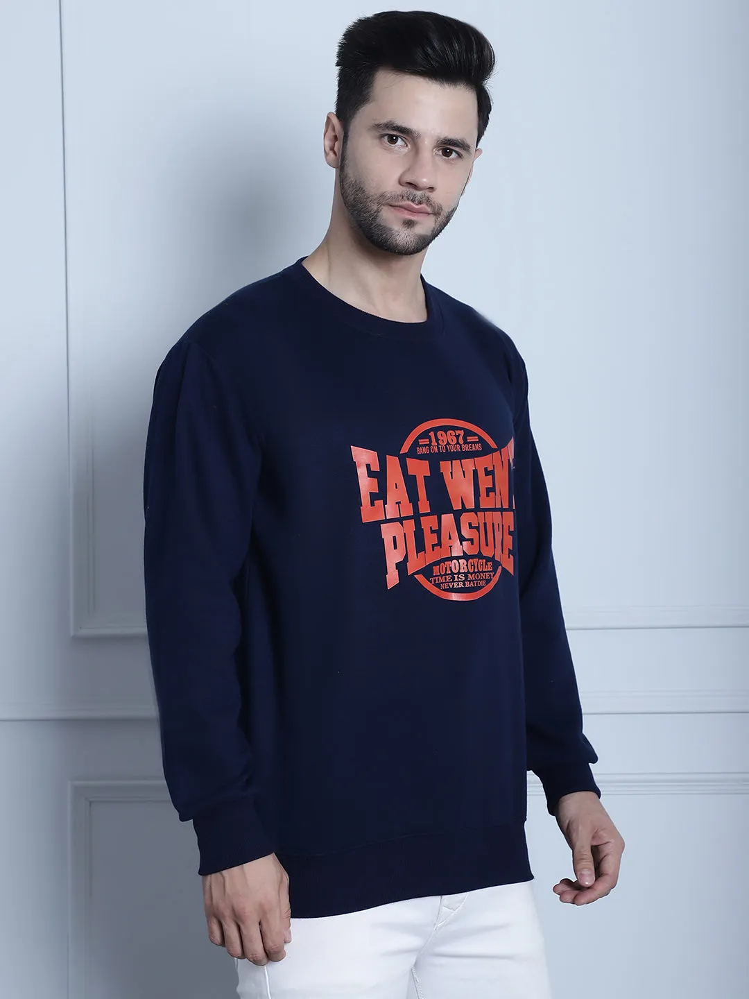Vimal Jonney Navy Blue Printed Round Neck Cotton Fleece Sweatshirt for Men