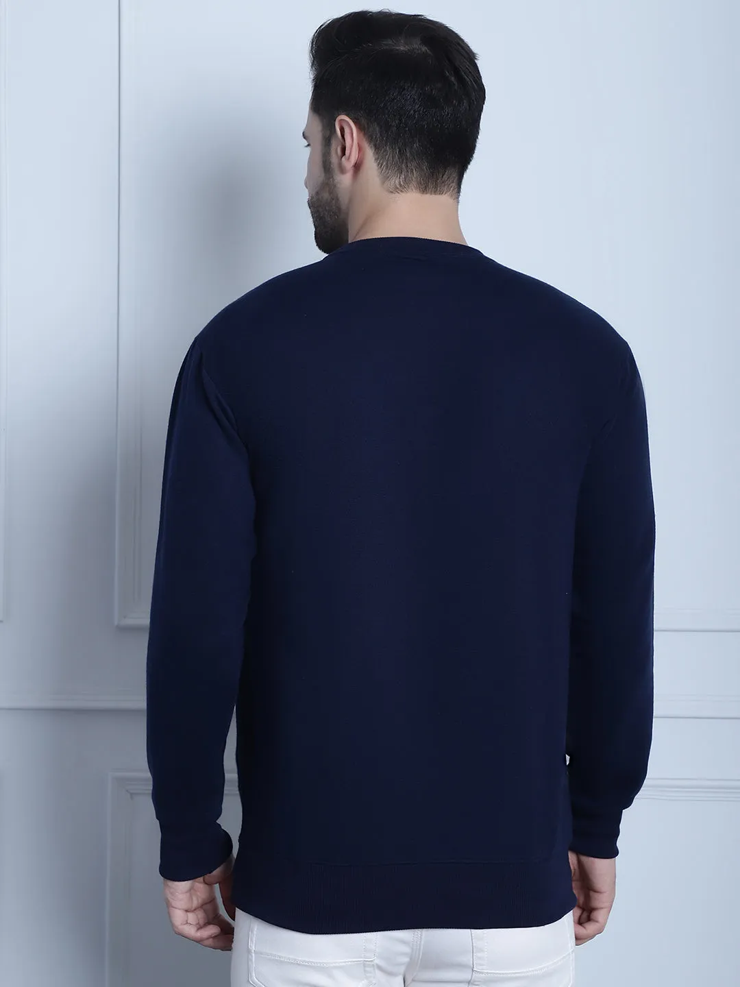 Vimal Jonney Navy Blue Printed Round Neck Cotton Fleece Sweatshirt for Men