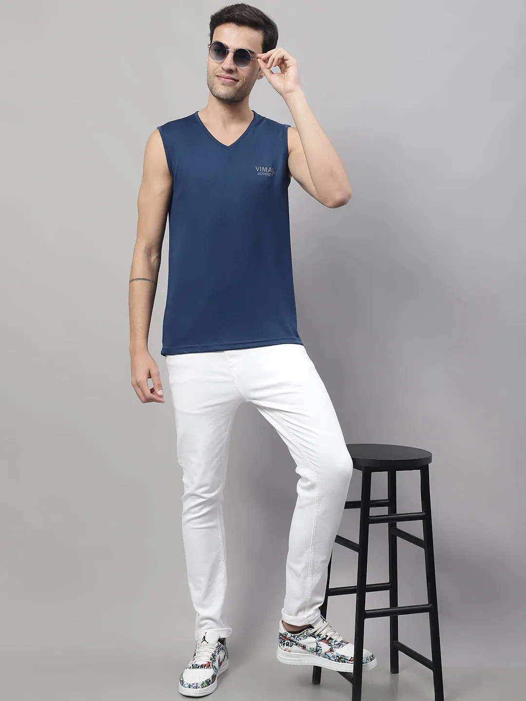 Vimal Jonney Regular Fit Dryfit Lycra Solid Blue Gym Vest for Men